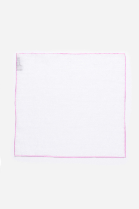 White linen pocket square with the pink border