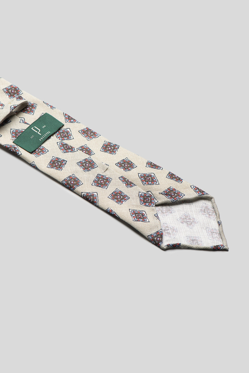 Beige Medallion Print Linen Tie