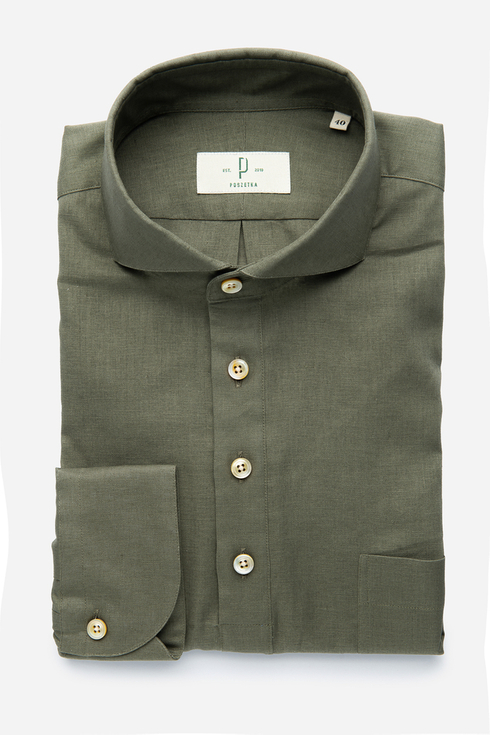 Green Linen-Cotton Popover Shirt 