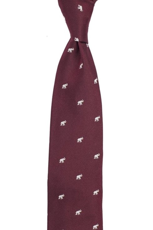 burgundy silk tie with elephants