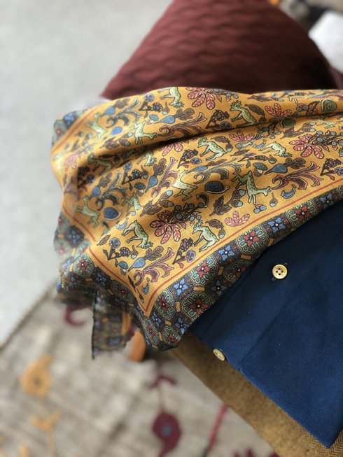 mustard printed scarf muslin wool and silk