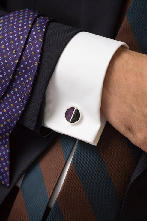 silver cufflinks with coal chunks and semi - amethyst violet