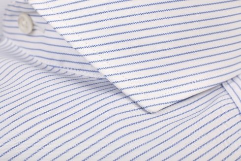 white cutaway collar shirt with blue stipes
