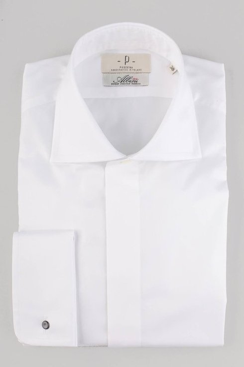  Klasyczna biała koszula z plisą krytą i mankietem na spinki - Albini
