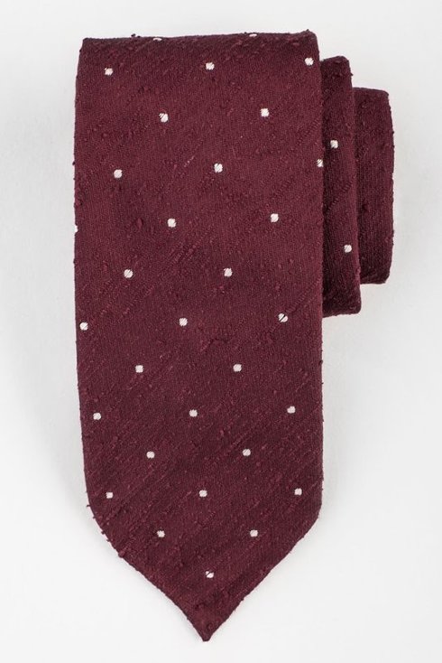Bordowy krawat w kropki z szantungu bez podszewki