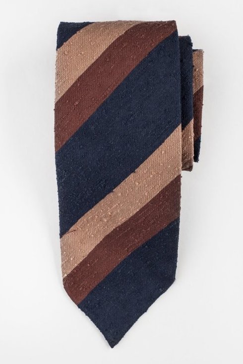 Brązowo-niebieski krawat z szantungu bez podszewki