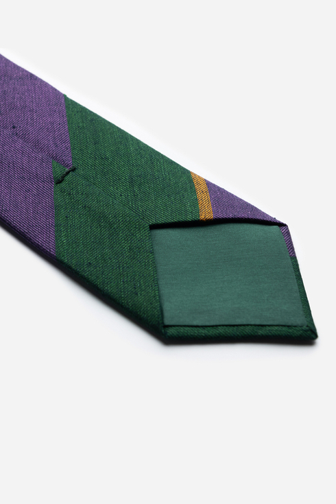 Fioletowo-Zielony Lniany Krawat w Szerokie Pasy