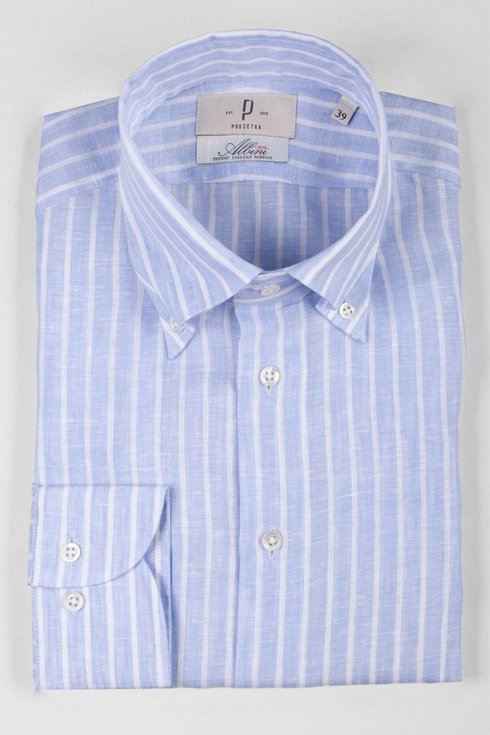Lniana koszula w klasyczny błękitny prążek Albini