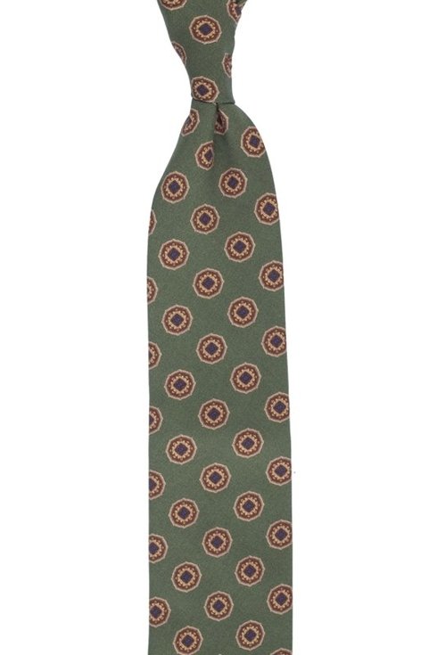 Zielony krawat w medaliony bez podszewki z wełny drukowanej